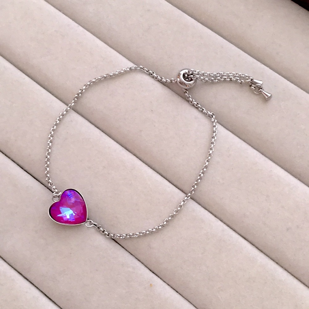 Fuchsia Aurora Borealis + Stainless Steel Adjustable Crystal Heart Boho Bracelet - Picture 5 of 7